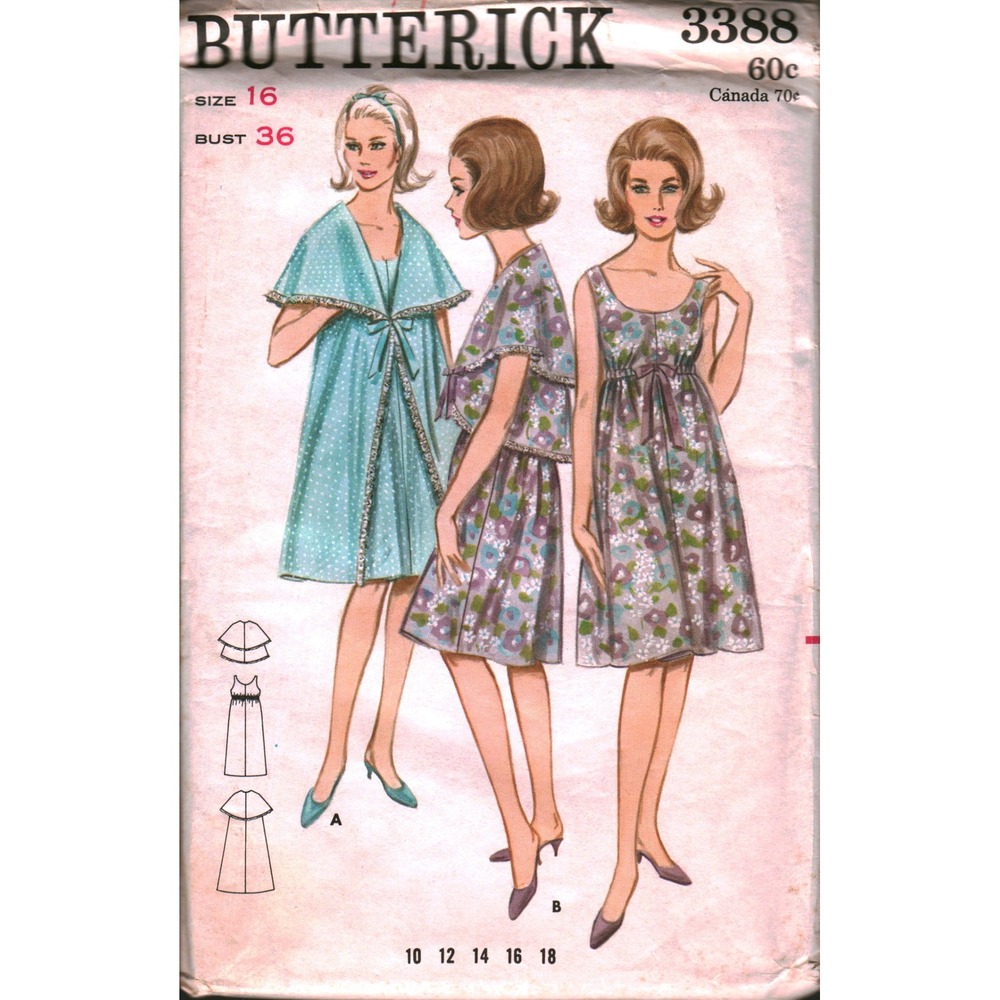 Vintage Butterick 3388 Sewing Pattern 1960s Nightgown Robe Bed‎ Jacket Size 16